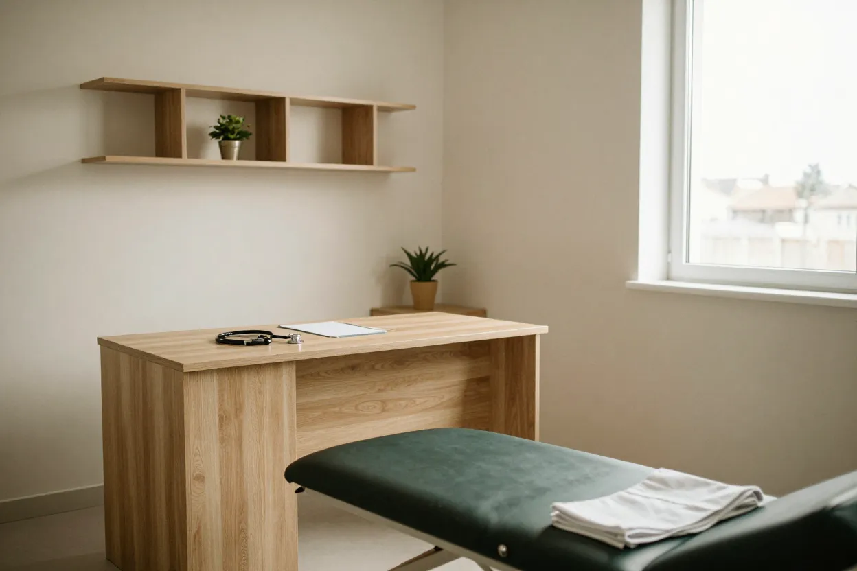 A consultation room with a desk, examination couch and daylight