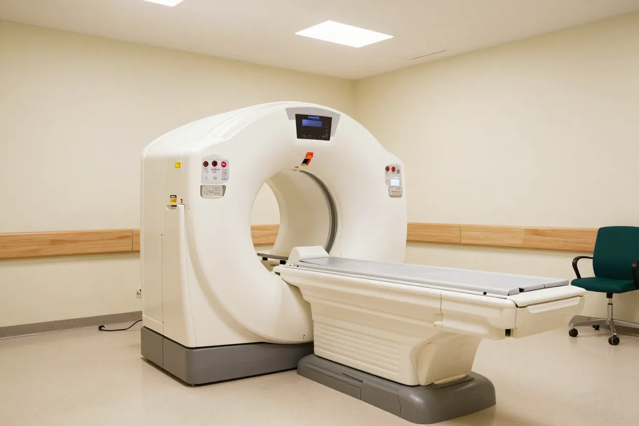 A CT scanner in a calm, softly lit imaging room