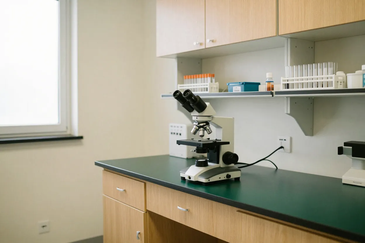 A laboratory bench with a microscope and sample racks