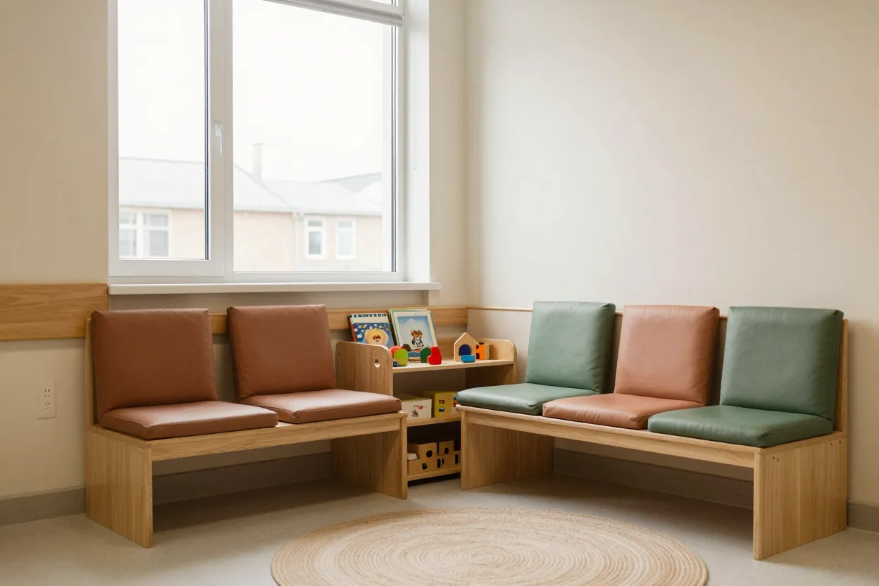 A children's waiting corner with low benches, books and toys