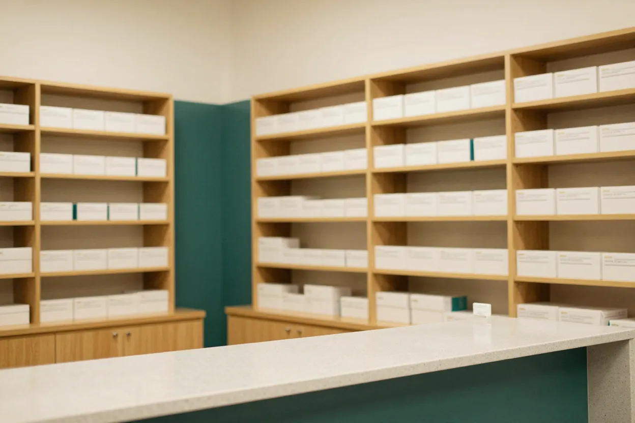 The hospital pharmacy counter and dispensing shelves