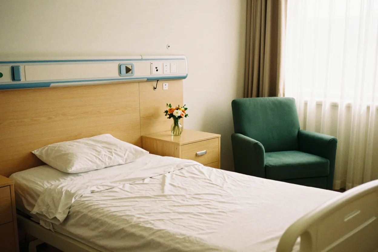 A private inpatient room with a made bed and a visitor's armchair